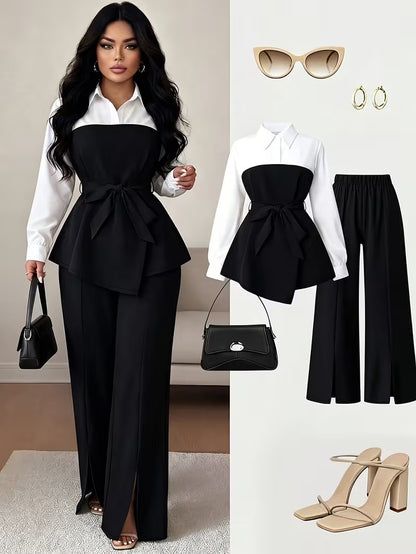 Women's Plus Size Bow Tie Waist Co-Ord Set with Wide-Leg Pants