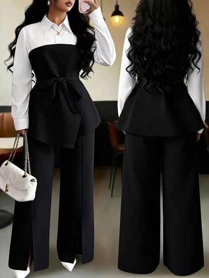 Women's Plus Size Bow Tie Waist Co-Ord Set with Wide-Leg Pants