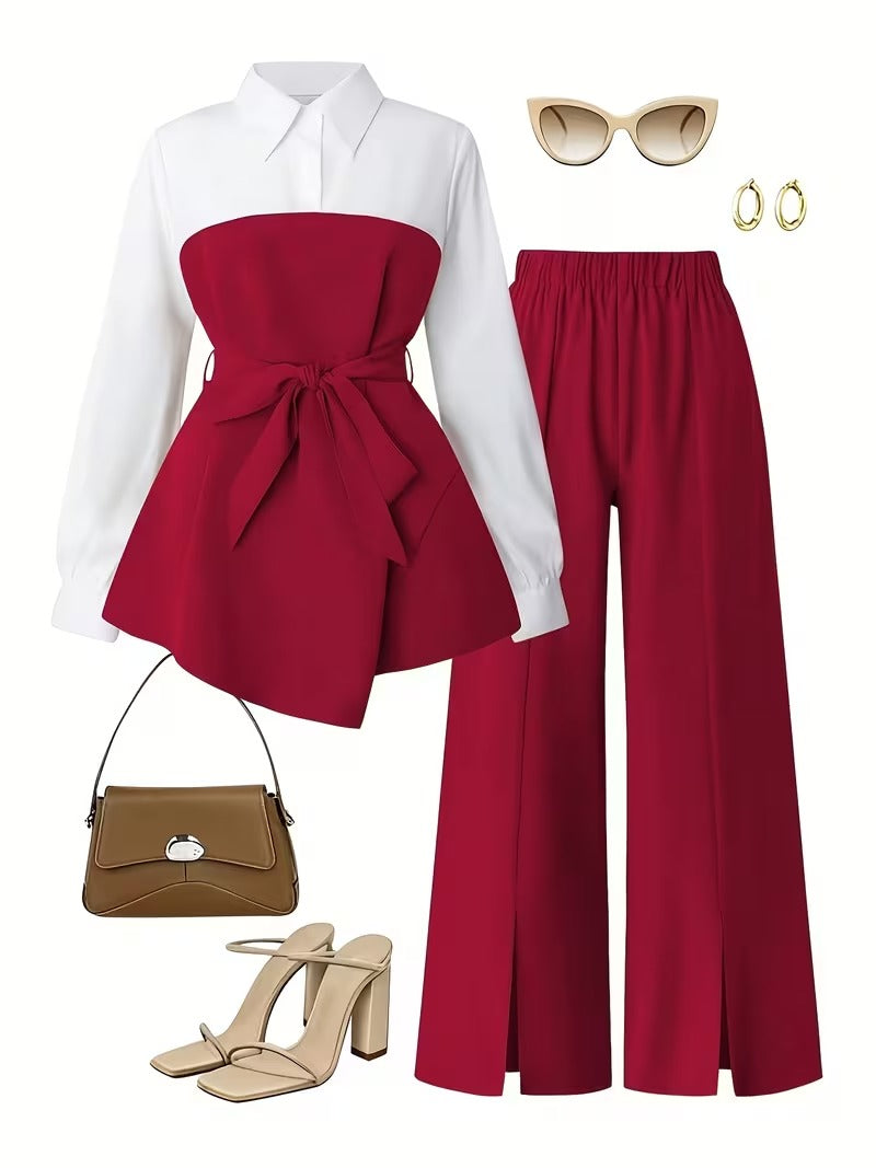 Women's Plus Size Bow Tie Waist Co-Ord Set with Wide-Leg Pants