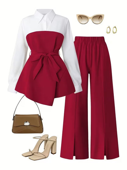 Women's Plus Size Bow Tie Waist Co-Ord Set with Wide-Leg Pants