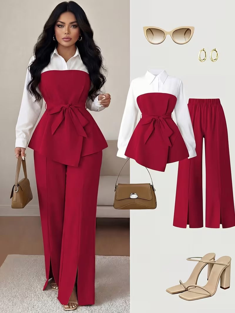 Women's Plus Size Bow Tie Waist Co-Ord Set with Wide-Leg Pants