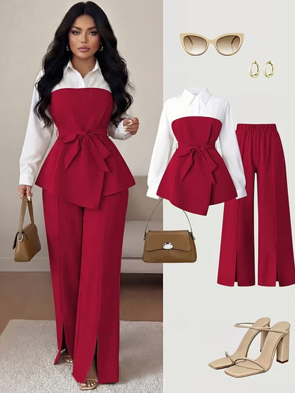Women's Plus Size Bow Tie Waist Co-Ord Set with Wide-Leg Pants