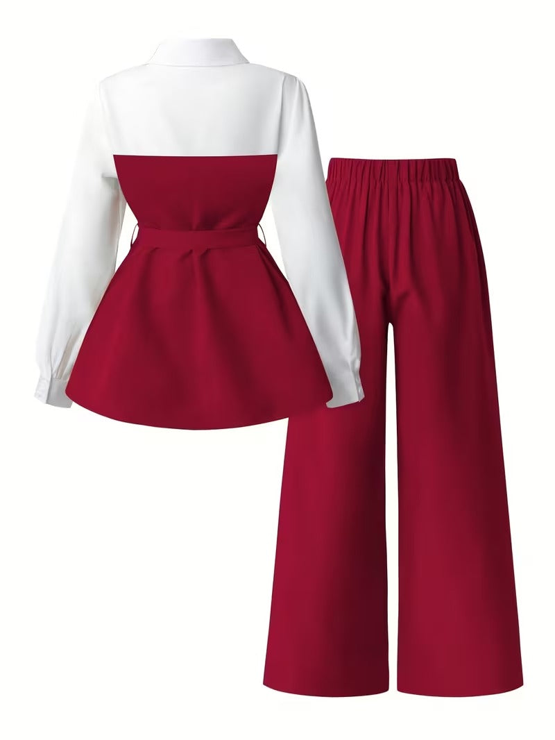 Women's Plus Size Bow Tie Waist Co-Ord Set with Wide-Leg Pants