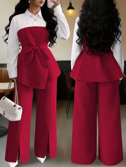 Women's Plus Size Bow Tie Waist Co-Ord Set with Wide-Leg Pants