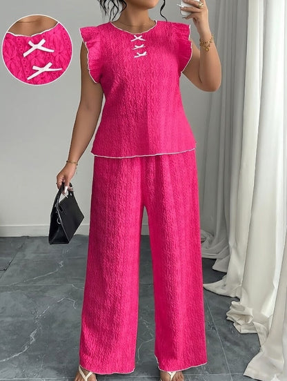 women Round Neck Mushroom Sleeve Top & Straight Pants