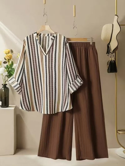 Women’s Striped Blazer Set with V-Neck Shirt & Wide-Leg Trousers – Casual Chic Outfit