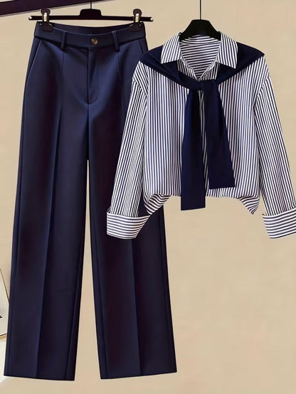 Women’s Autumn 3-Piece Outfit Set – Striped Scarf, Casual Shirt & High-Waist Wide-Leg Pants