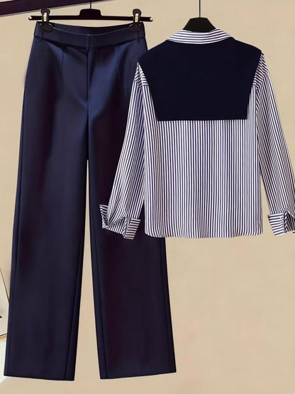 Women’s Autumn 3-Piece Outfit Set – Striped Scarf, Casual Shirt & High-Waist Wide-Leg Pants