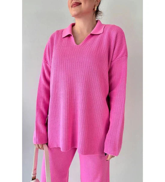V-Neck Casual Slit Knitted Two-Piece Set