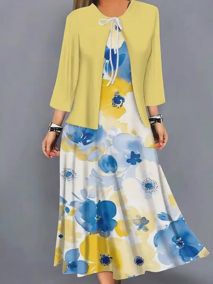 Blooming Grace Women's Floral Tie-Waist Dress with Matching Cardigan