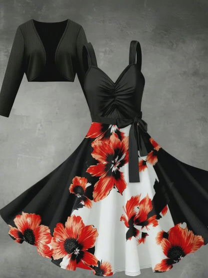 Blooming Grace Women's Floral Tie-Waist Dress with Matching Cardigan