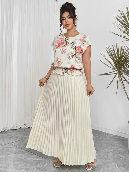 Women's Plus Size Printed Wrap Top & Pleated Skirt Co-Ord Set