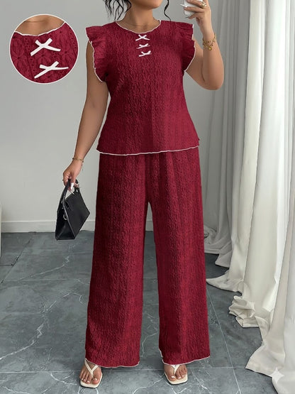 women Round Neck Mushroom Sleeve Top & Straight Pants
